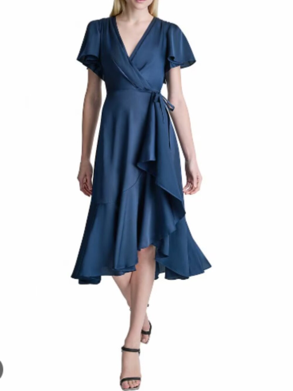 New! DKNY Faux Wrap Flutter Sleeve Flounce Hem Midi Dress Size 8 NWT